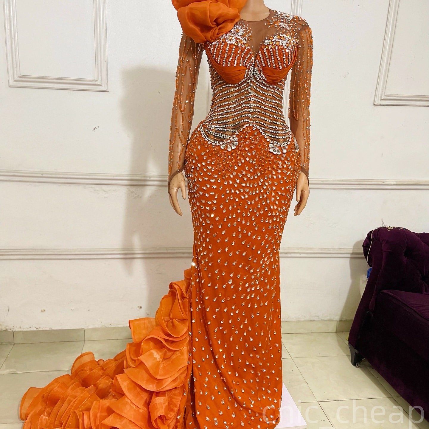 Mermaid Orange Prom Dresses 2025 Luxurious Crystals Sheer Neck Evening Formal Party Second Birthday Engagement Gowns Plus Size Dress For Special Occas