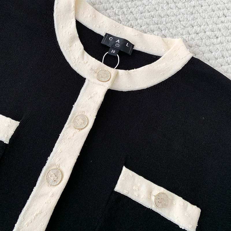 25-year new fashion designer handicraft workshop series high-end black and white mid-color half-long sleeve single-breasted pullover women's swea