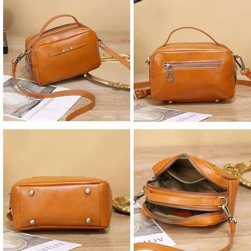 Original Cowhide Leather Women Mobile Phone For Girls Square Shoulder Handbag Solid Color Fashion Bag Wholesale Suppliers