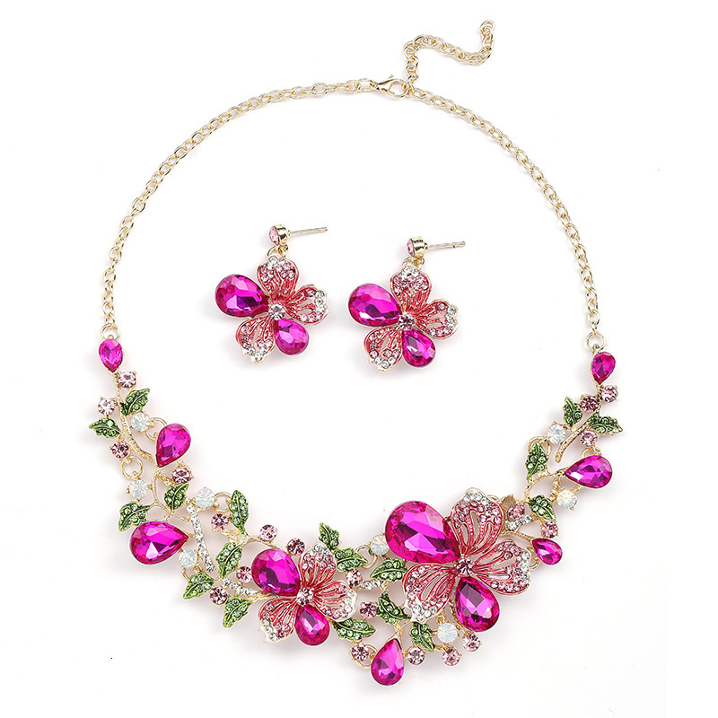 Luxury Brand Designer Jewelry European And American Foreign Trade Hot-Selling Exaggerated Luxury Necklace And Earrings Two-Piece Set Colorful Flowers 