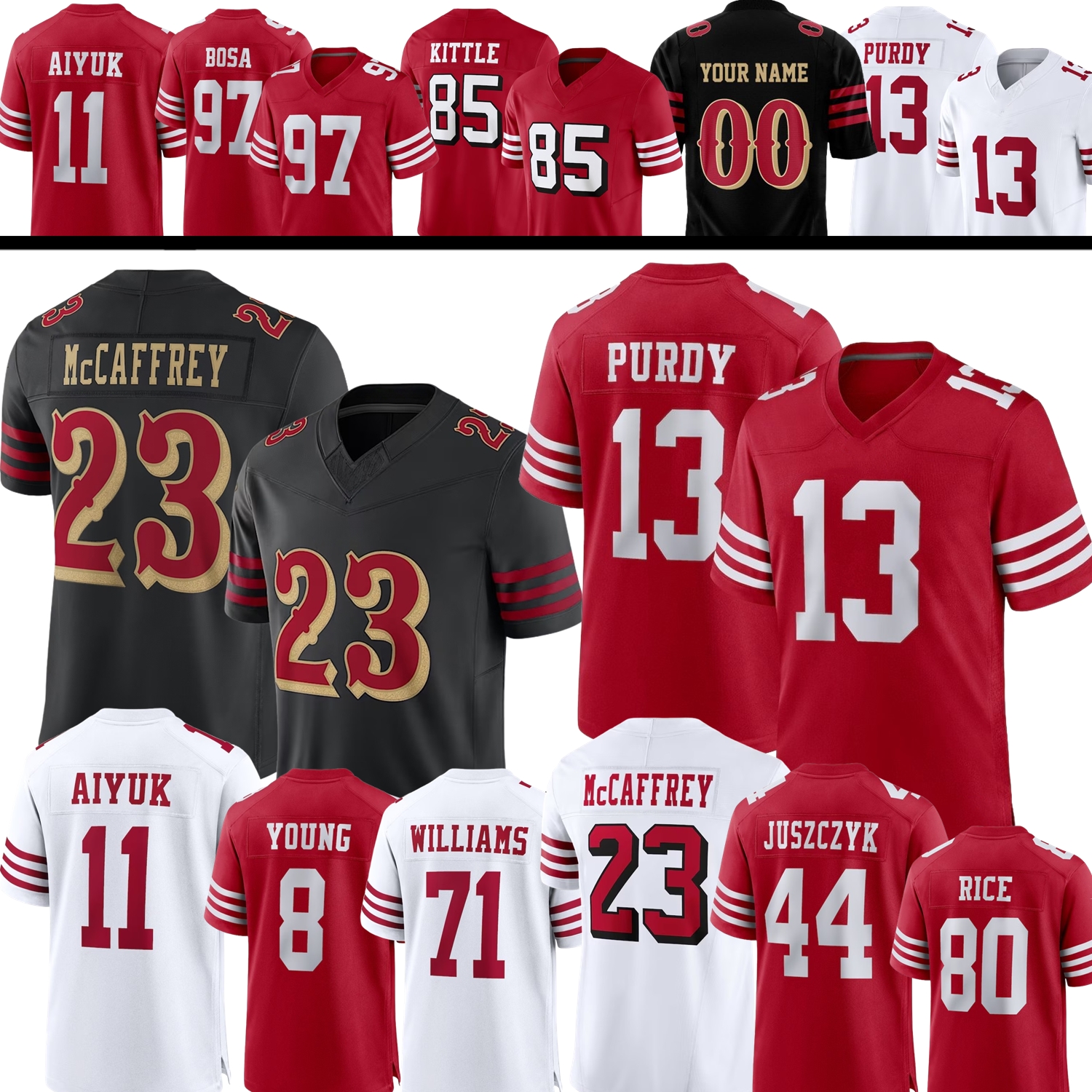 Custom Football Jersey Brock Purdy McCaffrey George Kittle Brandon Aiyuk Nick Bosa Fred Warner Trent Williams Juszczyk Pearsall Jennings Huff Steve Young Lott
