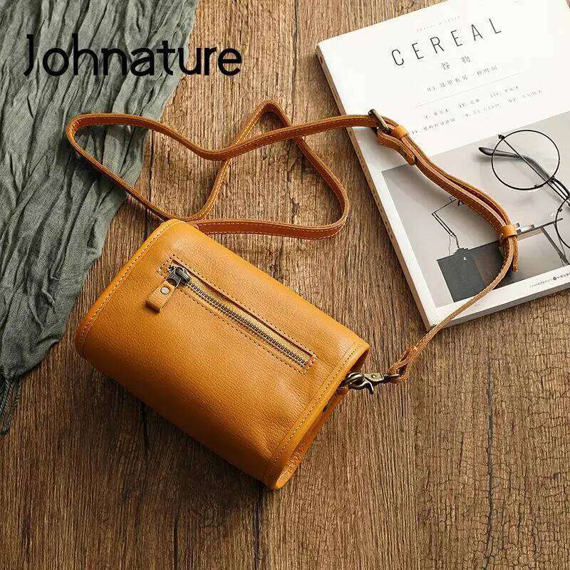 Johnature Genuine Leather Retro Small Bag Women 2025 New Soft Real Cowhide Simple Solid Color Shoulder & Crossbody Bags