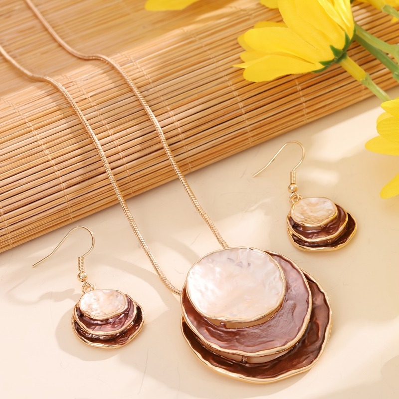 Bohemian three-layer round zinc alloy enamel jewelry set cute and elegant lady girlfriend holiday party gift necklace earrings 1 set