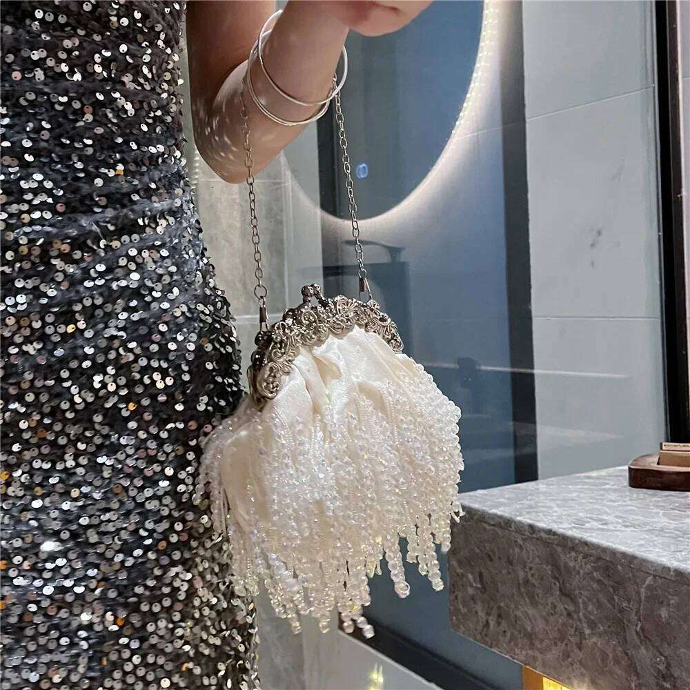 Beaded Tassel Gold Lady Pearl Chain Satin Small Bag Purses And Handbags Designer Evening Bags