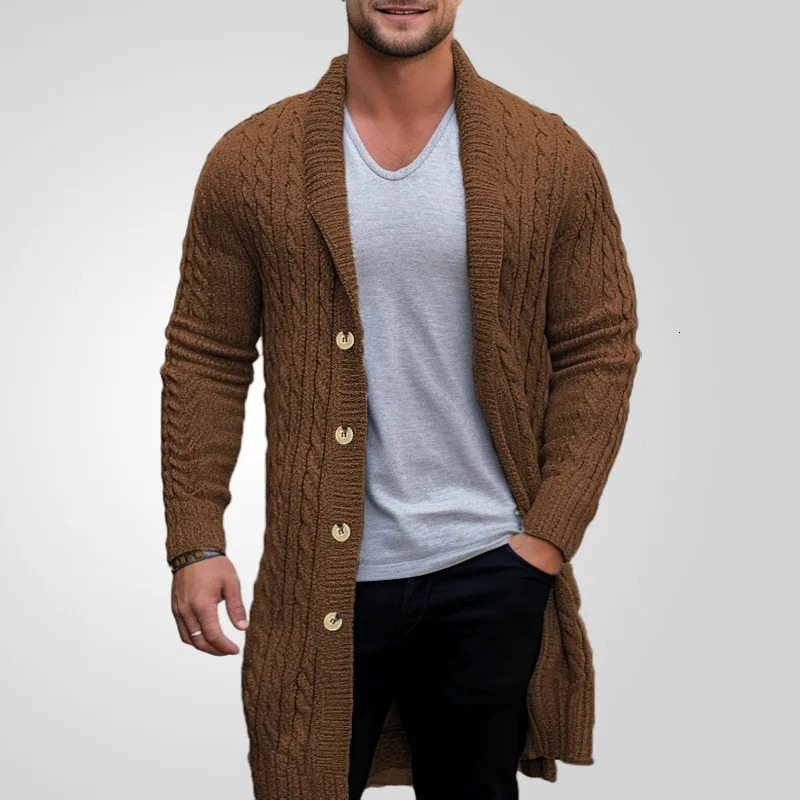 Winter Clothing Mens Knitted Jacquard Lengthen Cardigan Jacket Casual Fashion Sweater Coats Long Sleeve Wool Knitwear 2025 250829
