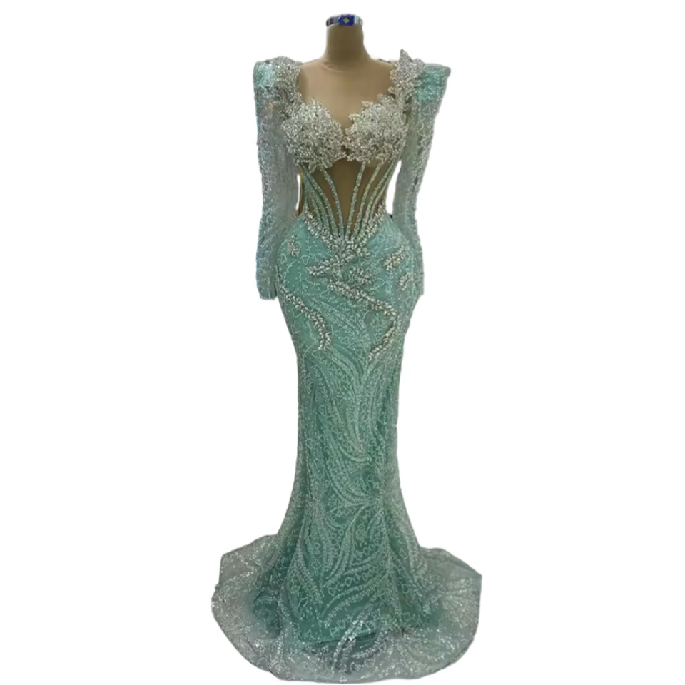 Sage Mermaid Prom Dresses 2025 Crystals Sequined Full Sleeves Sparkly Evening Formal Party Second Birthday Engagement Gowns Plus Size Dress For Specia
