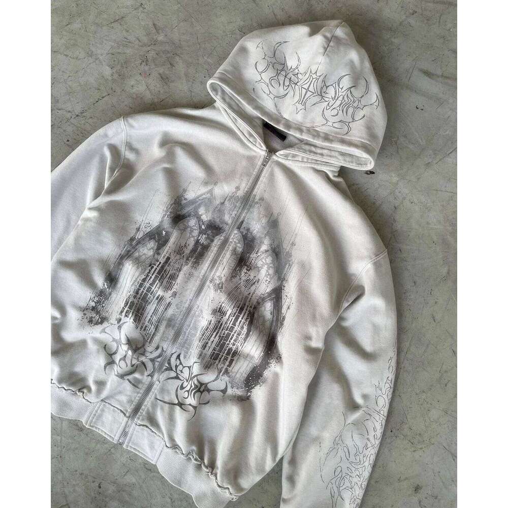 Vintage Spring Autumn Aesthetic Print Gothic Fashion Zip Up Hoodie Hip Hop Sweatshirt Casual Y2k Tops Women Man Kpop Clothes