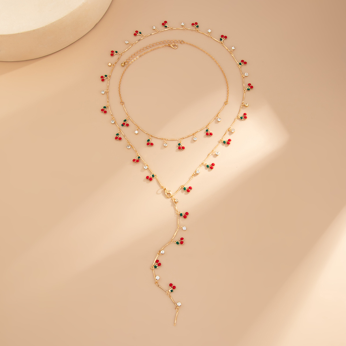 European American Jewelry Summer inspired Sweet Cherry Y shaped Pendant Necklace Elegant Minimalist Crystal Collarbone Chain for Women