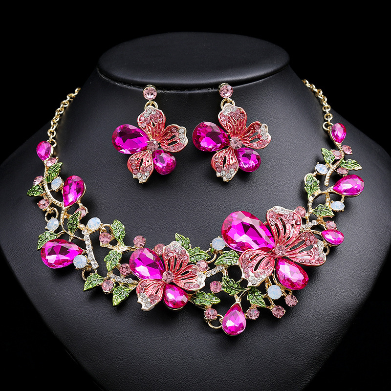 Luxury Brand Designer Jewelry European And American Foreign Trade Hot-Selling Exaggerated Luxury Necklace And Earrings Two-Piece Set Colorful Flowers 