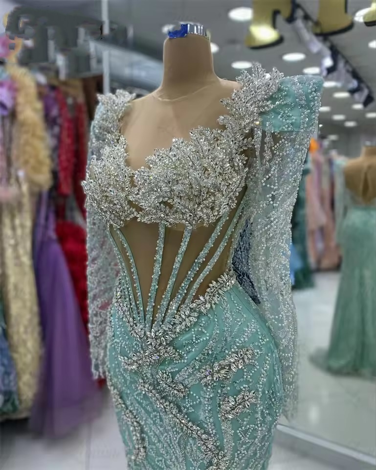 Sage Mermaid Prom Dresses 2025 Crystals Sequined Full Sleeves Sparkly Evening Formal Party Second Birthday Engagement Gowns Plus Size Dress For Specia