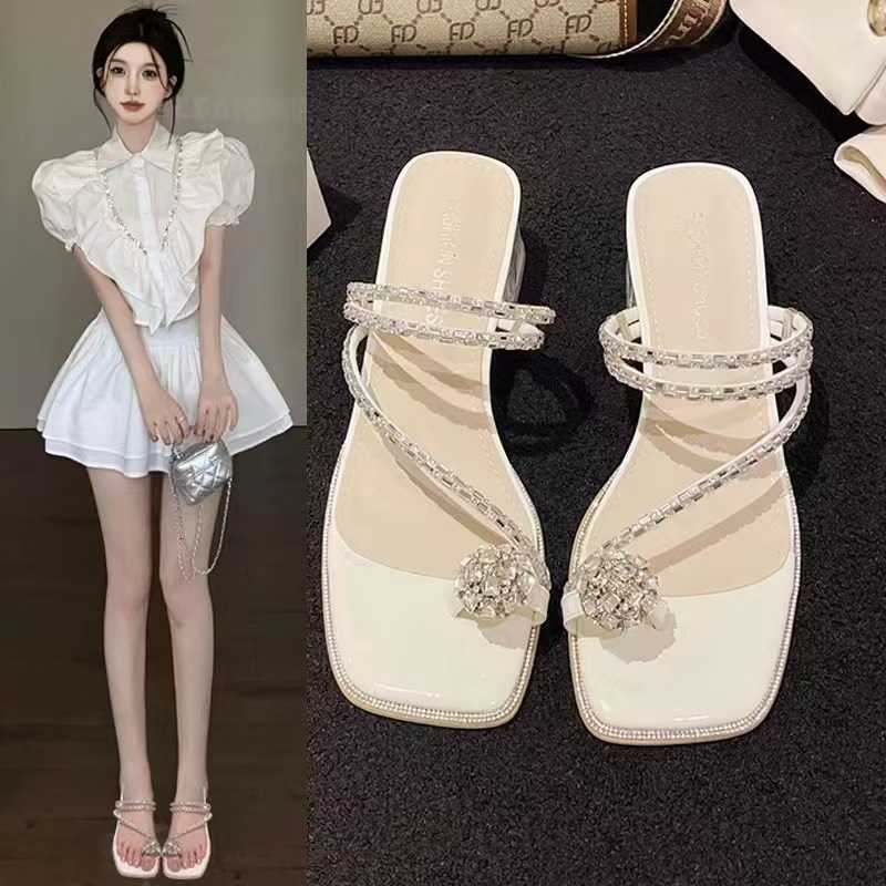 Women's platform sandals 2025 summer new style open-toe stiletto heel water droplet embellished square toe transparent thick heel outerwear style