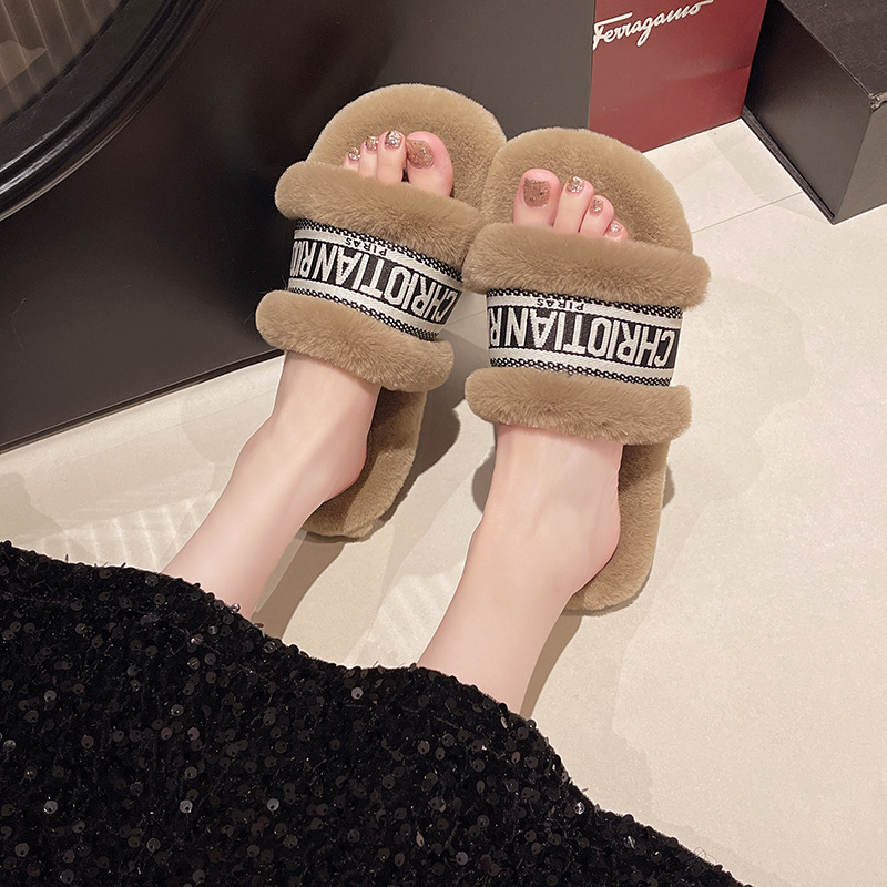 Free shipping designer Ladies in slippers Advanced style with small fragrance wearing flat bottom fluffy slippers for womens new autumn winter letter velvet cotton