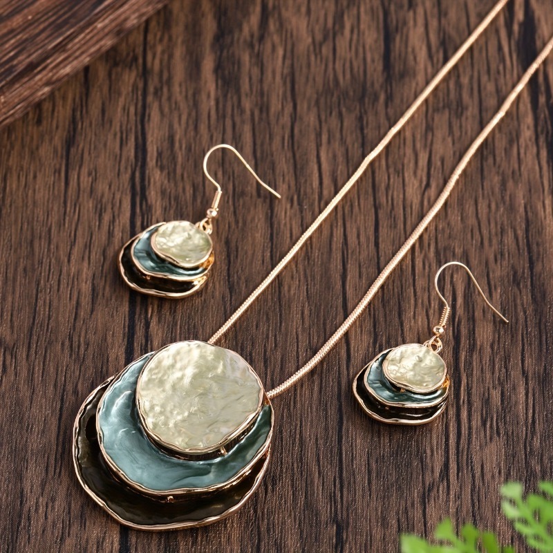 Bohemian three-layer round zinc alloy enamel jewelry set cute and elegant lady girlfriend holiday party gift necklace earrings 1 set