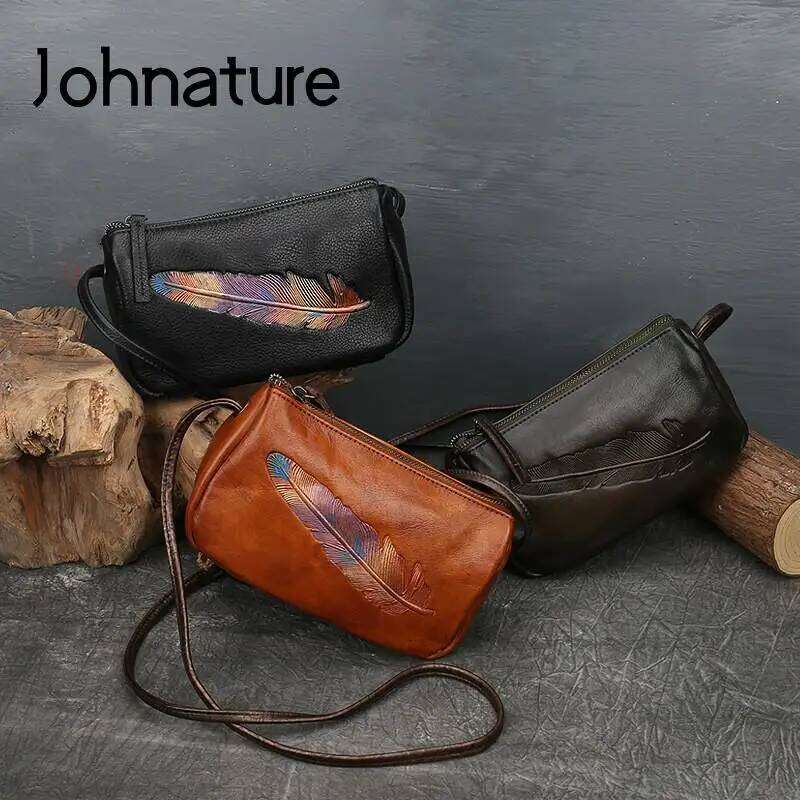 Johnature Retro Women Summer Smalll 2025 New Nature Cow Leather Shoulder Bags Leisure Solid Color Female Messenger Bag