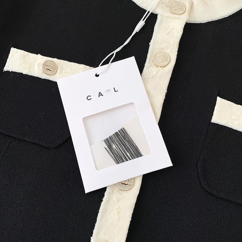 25-year new fashion designer handicraft workshop series high-end black and white mid-color half-long sleeve single-breasted pullover women's swea