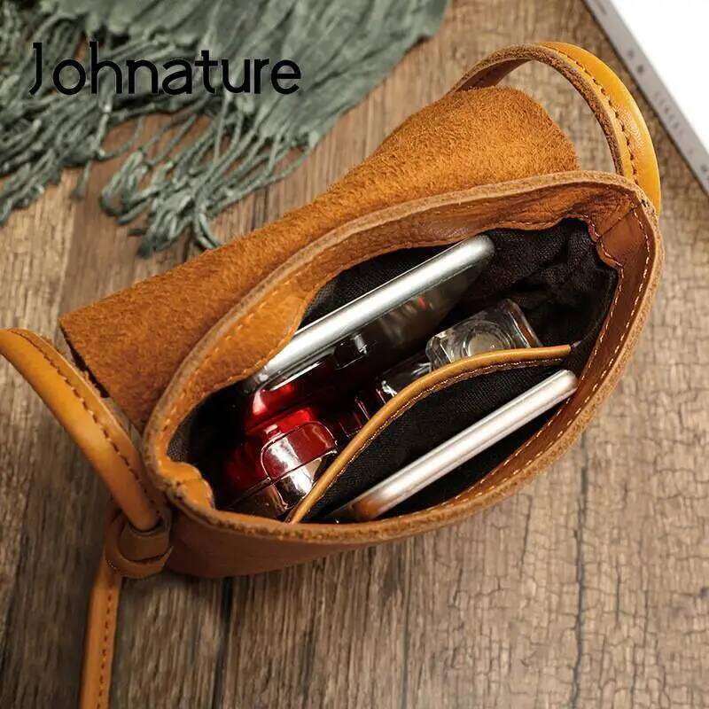 Johnature 2025 New Simple Genuine Leather Women Retro Solid Color Natural Cowhide Mini Phone Bag Leisure Small Shoulder Bags