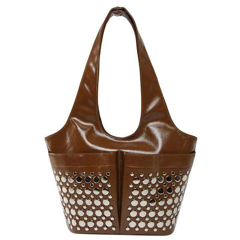 Fashion Women's Punk Style PU Leather Underarm Large Capacity Rivet Studded Handbag Ladies Solid Tote Motorcycle Bag