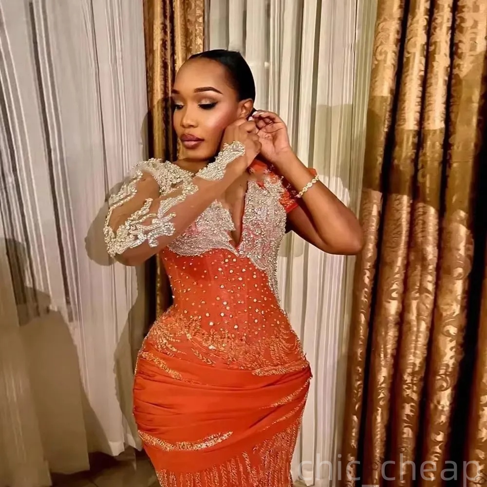 Orange Mermaid Prom Dresses 2025 Crystals Lace Long Sleeves Evening Formal Party Second Birthday Engagement Gowns Plus Size Dress For Special Occasion