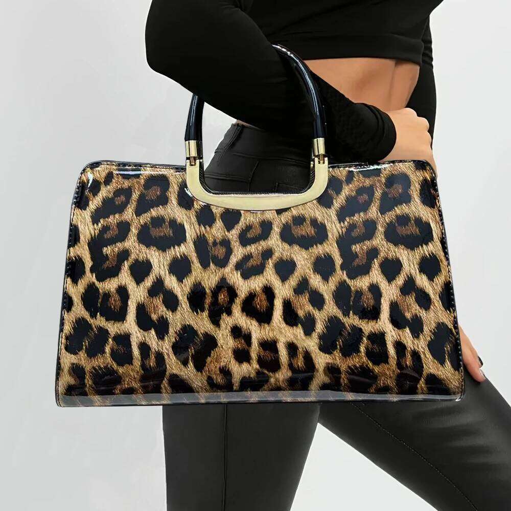 Fashionable And Elegant Leopard Print Glossy Handbag, Personalized Retro PU Diagonal Cross Bag