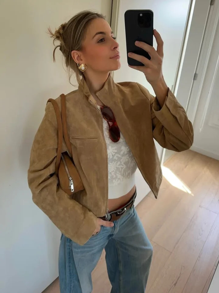 Stand Collar Suede Leather Jacket Coat Zipper Retro Long Sleeved Casual Biker Jackets Loose Fashion Front Shoulder Short Outwear 250829