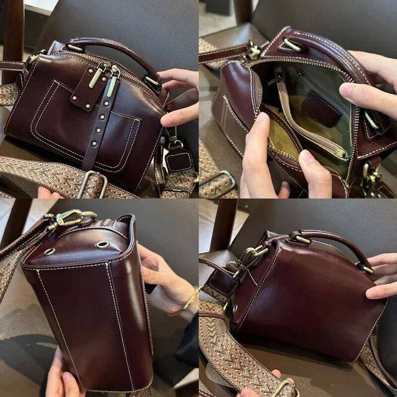 Women's Natural Cow Real Leather Crossbody Bag Ladies Cowhide Retro Designer Shoulder Handbag Female Commut Boston Bags