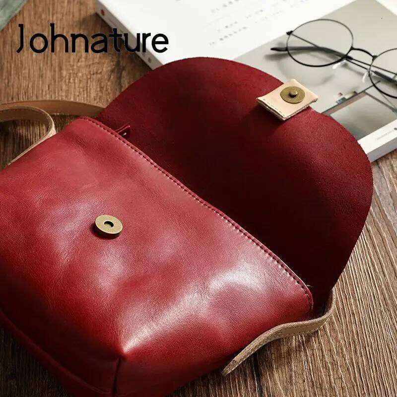 Johnature Simple Natural Soft Cowhide Women Bag 2025 New Vintage Genuine Leather Handmade Solid Color Shoulder & Crossbody Bags