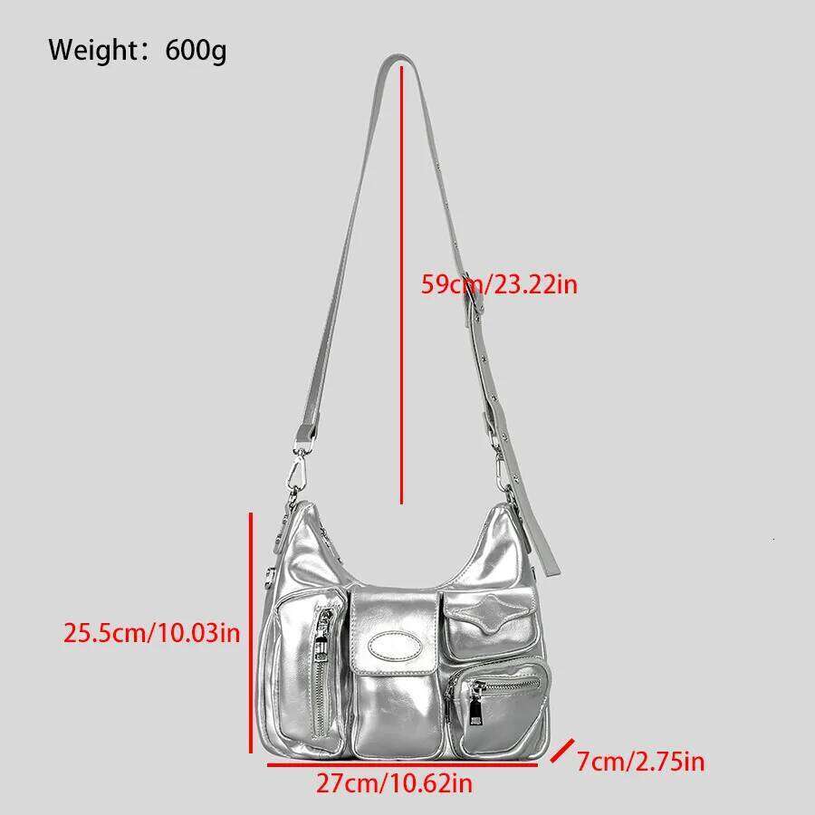 Fashion Sier Multiple Pockets Crossbody Bag For Women Pu Leather Hobos Shoulder Bags Y2k Small Messenger Purses 2024