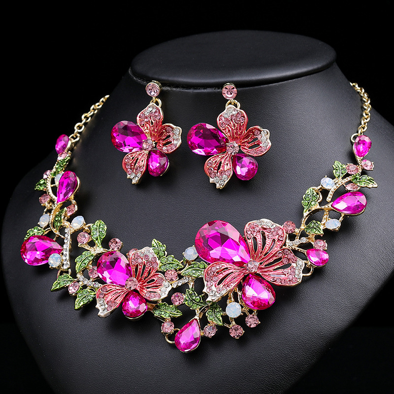 Luxury Brand Designer Jewelry European And American Foreign Trade Hot-Selling Exaggerated Luxury Necklace And Earrings Two-Piece Set Colorful Flowers 