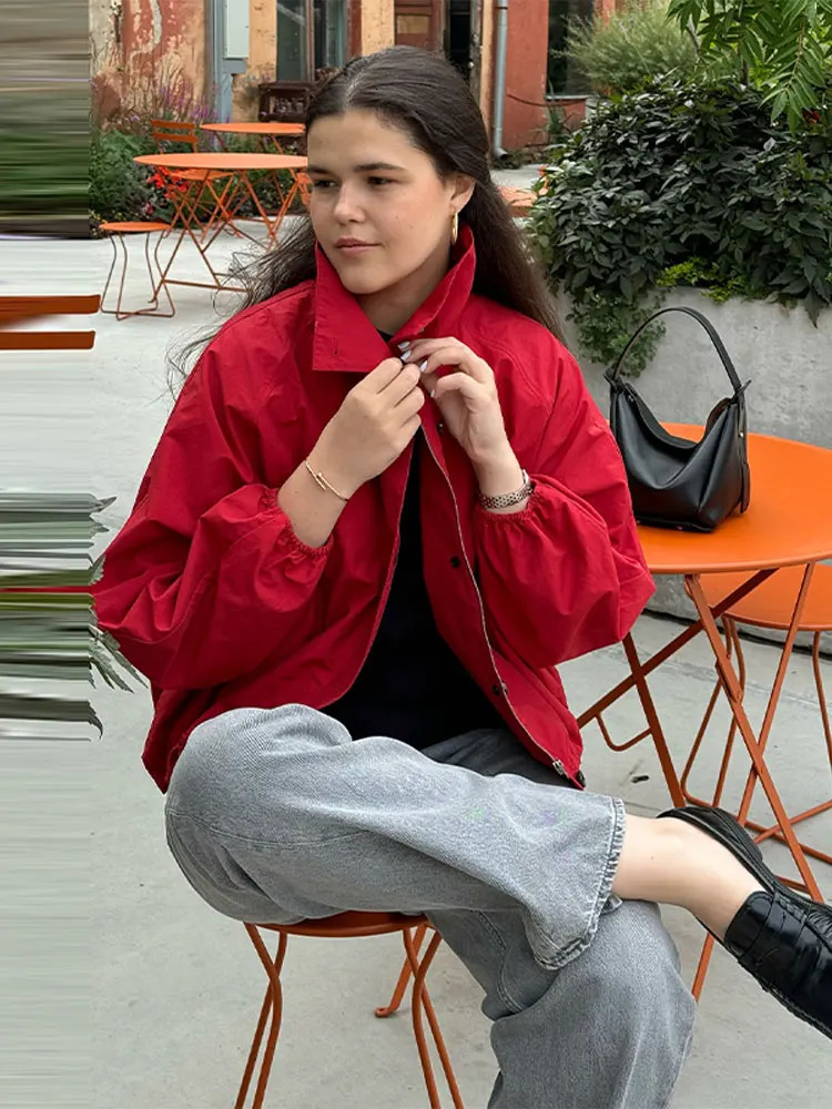 Women in Jackets Outerwears Street Red Stand Long Sleeve Button Zipper Bomber Coats 2025 Autumn Chic Ladies Short Jackets 250 c9c