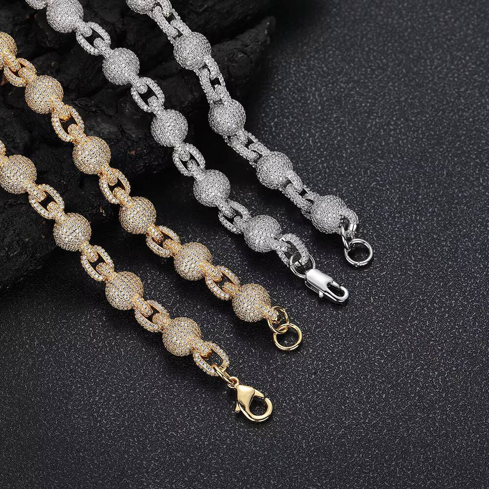 Womens Fashion 8mm Iced Out Diamond Bead Chain Necklace Hip Hop Style Personalized Silver Plated Zircon Chain Jewelry Gift