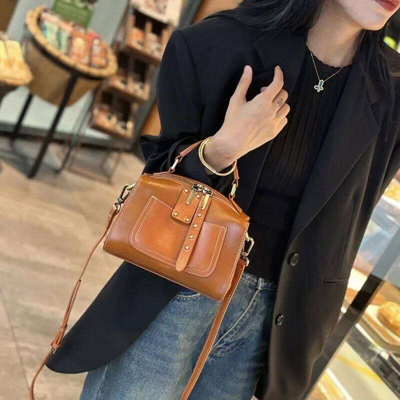 Women's Natural Cow Real Leather Crossbody Bag Ladies Cowhide Retro Designer Shoulder Handbag Female Commut Boston Bags