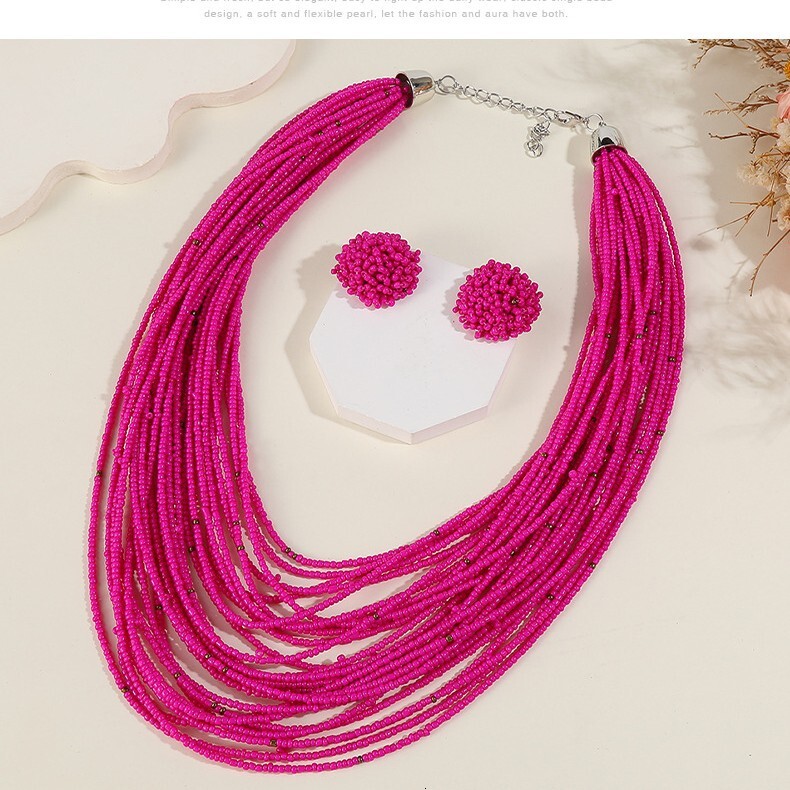 Luxury Brand Designer Jewelry Bohemian Multi-Layer Rice Bead Necklace And Earrings Set Vintage Ethnic Style Chain Women's Multi-Layer Jewelry