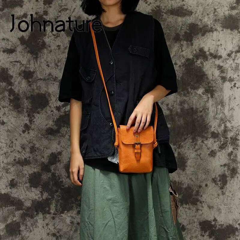 Johnature 2025 New Simple Genuine Leather Women Retro Solid Color Natural Cowhide Mini Phone Bag Leisure Small Shoulder Bags