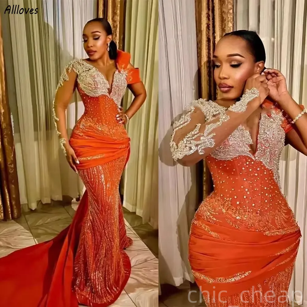 Orange Mermaid Prom Dresses 2025 Crystals Lace Long Sleeves Evening Formal Party Second Birthday Engagement Gowns Plus Size Dress For Special Occasion