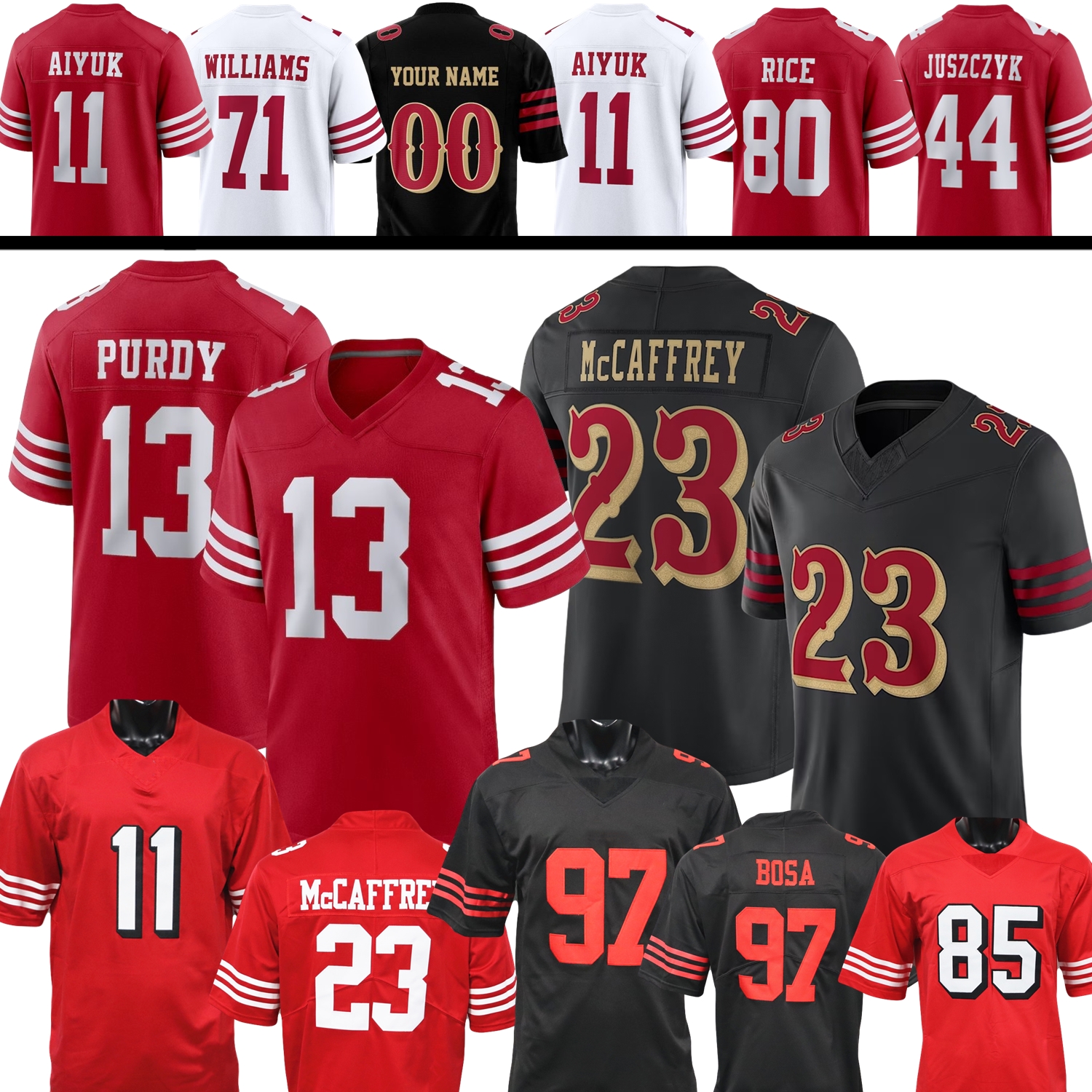 Custom Football Jersey 13 Brock Purdy 23 McCaffrey 85 George Kittle Brandon Aiyuk Nick Bosa Fred Warner Williams Montana Sanders Rice Lenoir Juszczyk Young Lott