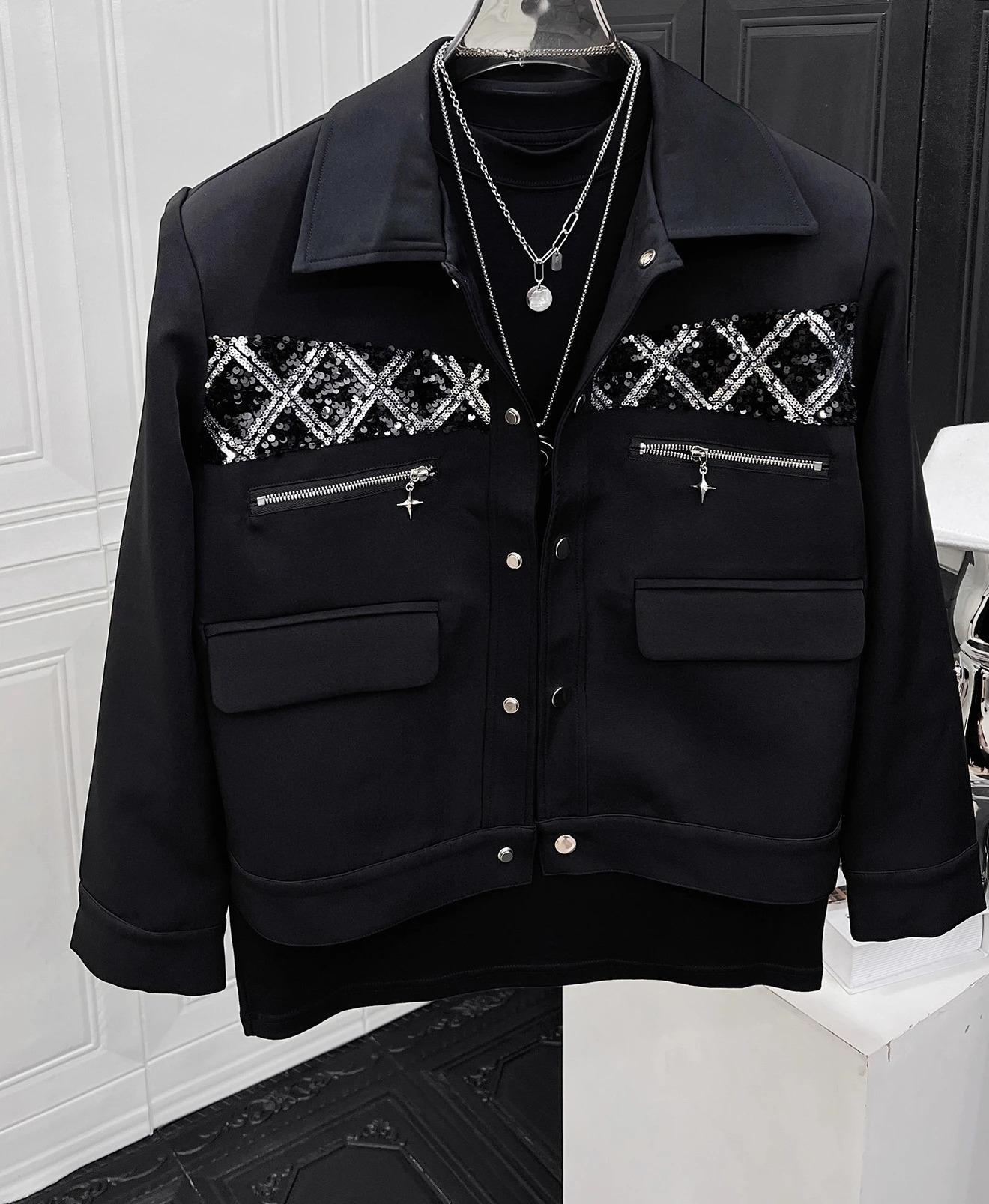 Male Autumn Handsome Niche Sequined 2pcs Splicing Loose Shoulder Pads Fashion Twopiece Sets Highend Trendy Jacket Set 250829