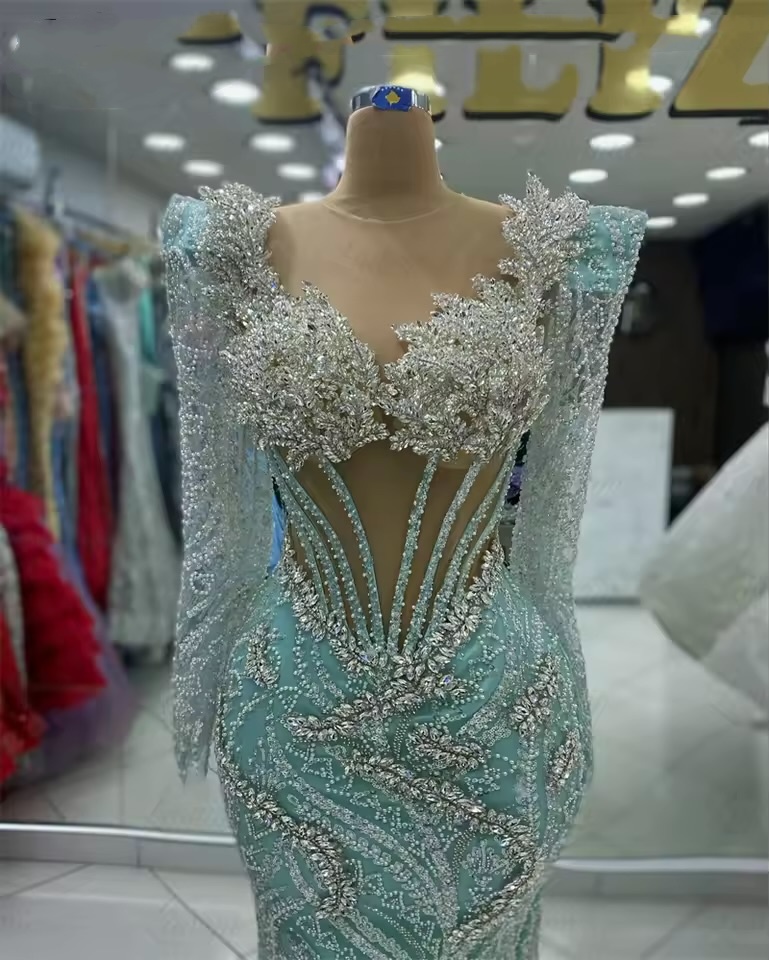 Sage Mermaid Prom Dresses 2025 Crystals Sequined Full Sleeves Sparkly Evening Formal Party Second Birthday Engagement Gowns Plus Size Dress For Specia
