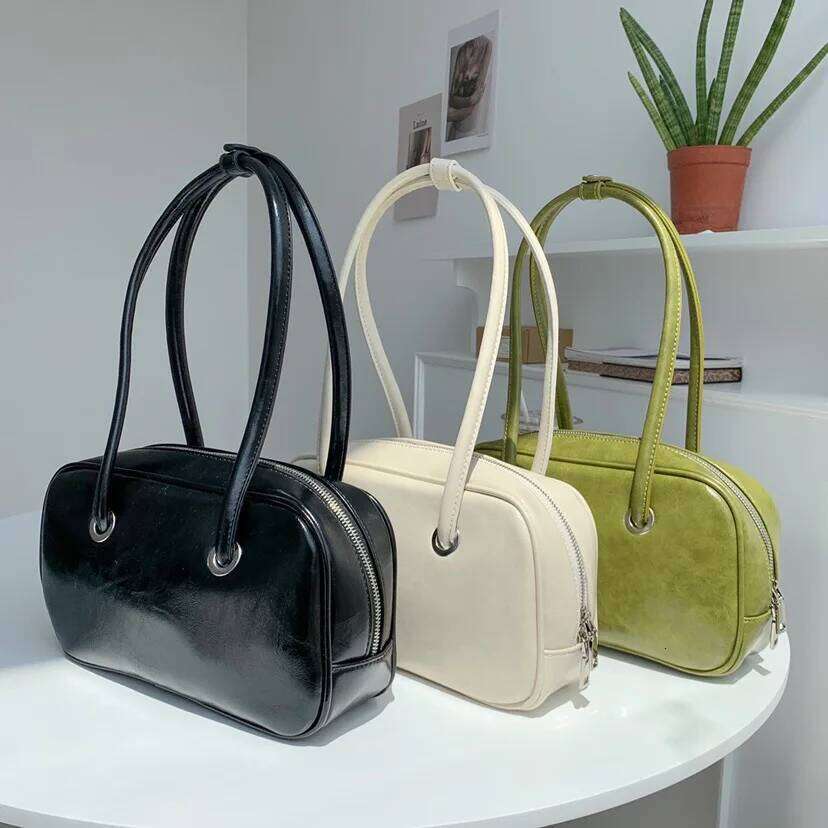 Vintage Bowling Underarm Designer Lady Handbags Oil Wax Skin Pu Leather Women Shoulder Bags Trend 2025 Commuter Bag