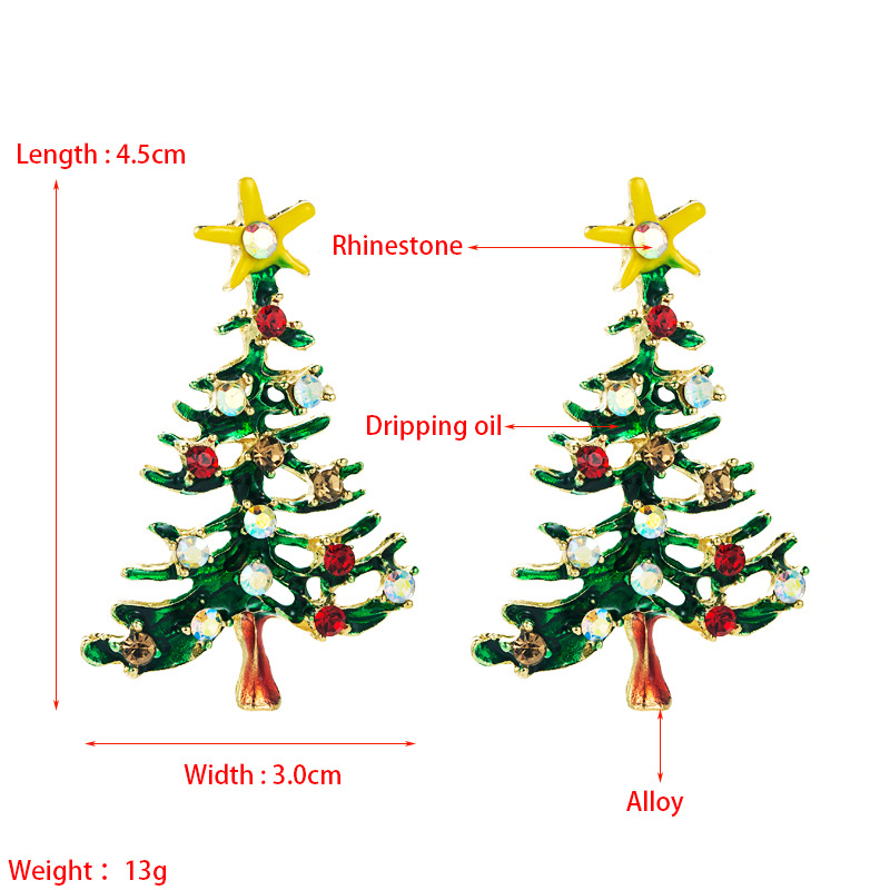 Christmas Collection Stylish Simple Versatile Alloy Enamel filled and Diamond inlaid Christmas Tree Earrings for Women