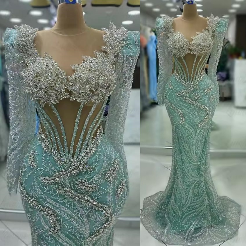 Sage Mermaid Prom Dresses 2025 Crystals Sequined Full Sleeves Sparkly Evening Formal Party Second Birthday Engagement Gowns Plus Size Dress For Specia