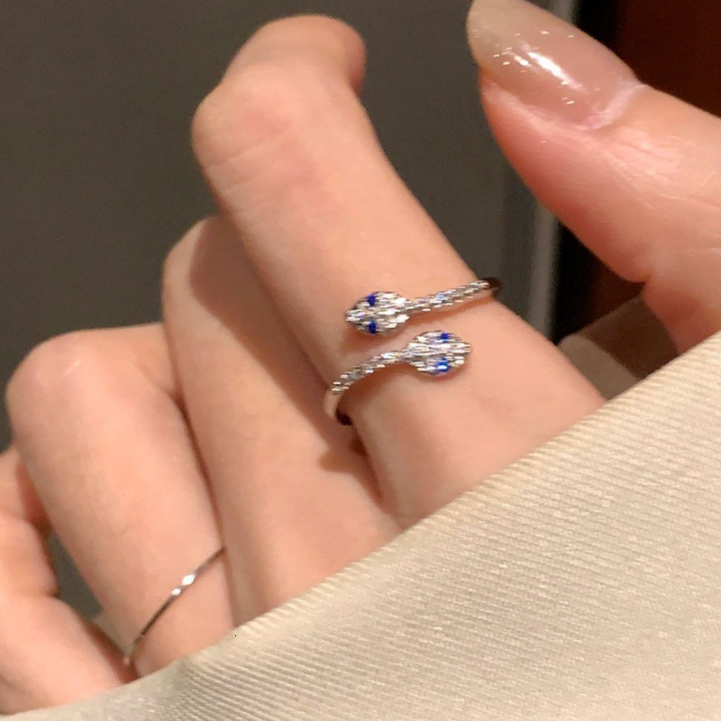 Jewelry Full Diamond Blue Eyes 925 Sterling Silver Snake Shape Open Index Finger Ring Adjustable Light Luxury Style High-End Designer