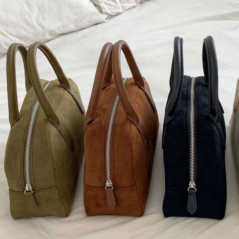 Korean Casual Boston Bag For Women Designer Handbags And Purses 2024 New In Faux Suede Vintage Nubuck Leather Carry Wrist