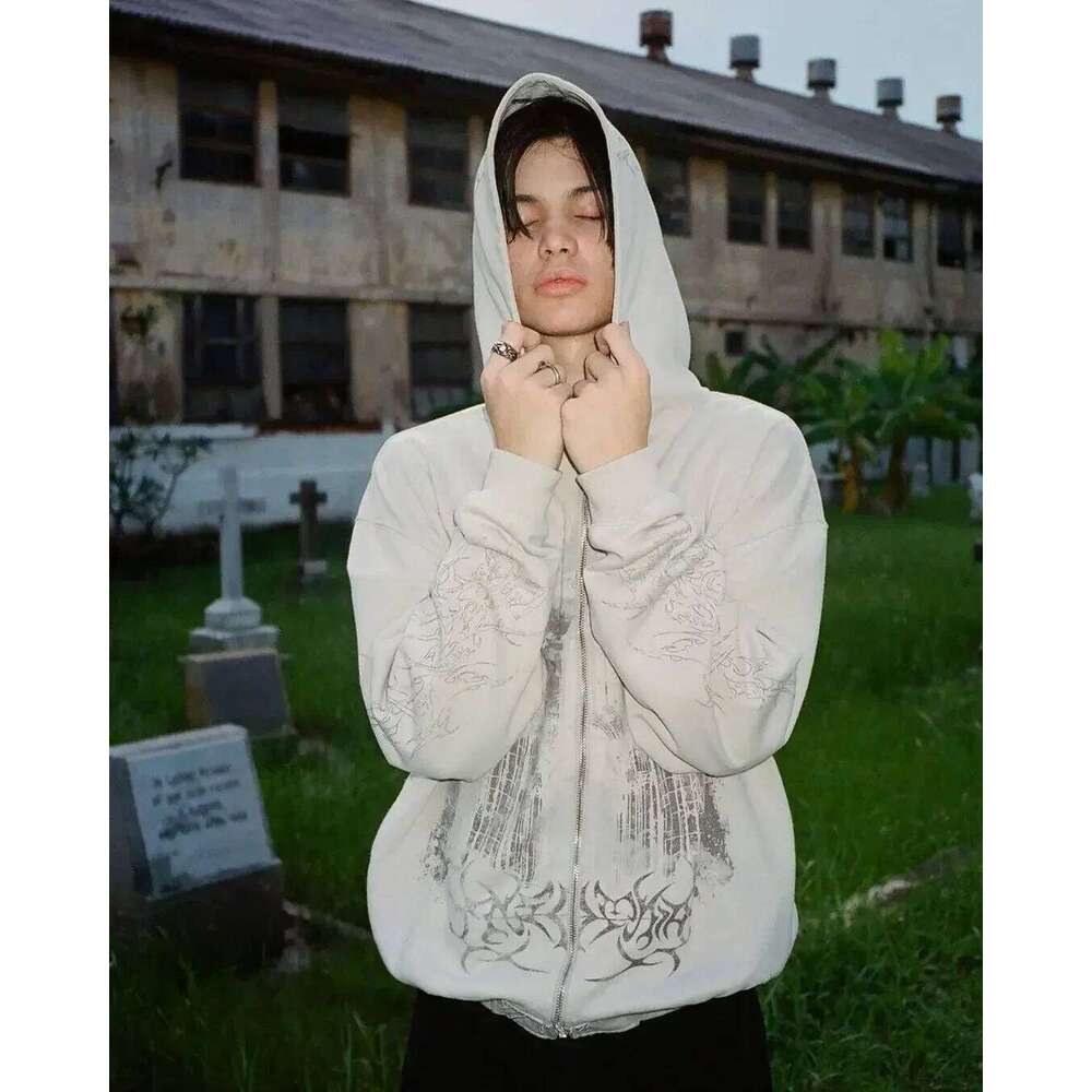 Vintage Spring Autumn Aesthetic Print Gothic Fashion Zip Up Hoodie Hip Hop Sweatshirt Casual Y2k Tops Women Man Kpop Clothes