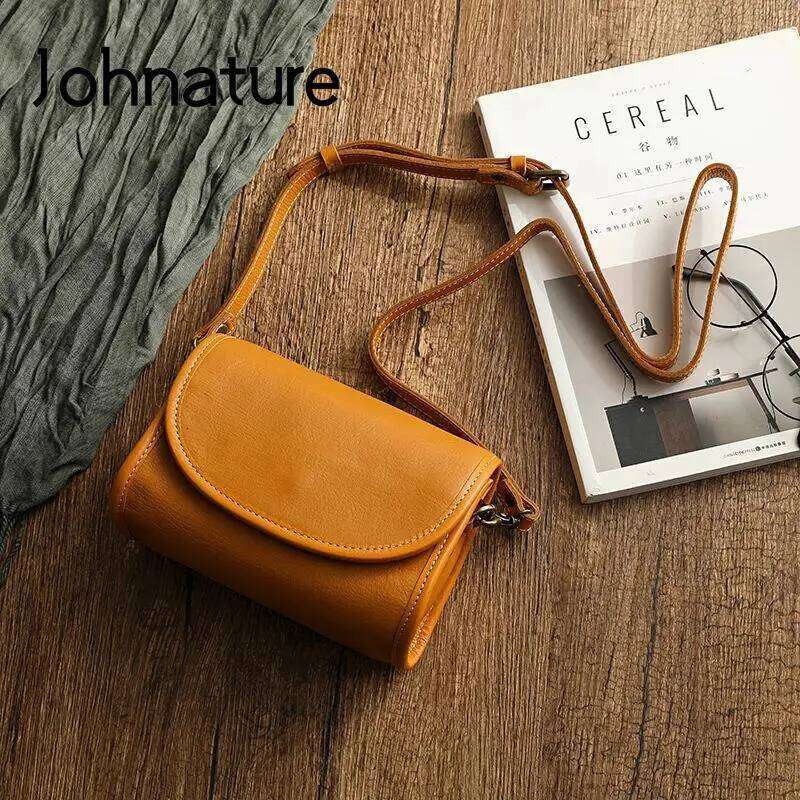 Johnature Genuine Leather Retro Small Bag Women 2025 New Soft Real Cowhide Simple Solid Color Shoulder & Crossbody Bags