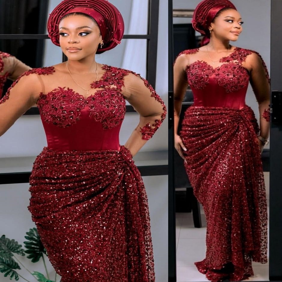 Aso Ebi Burgundy Sheath Prom Dresses 2025 Lace Sequined Sheer Neck Evening Formal Party Second Birthday Engagement Gowns Plus Size Dress For Special O