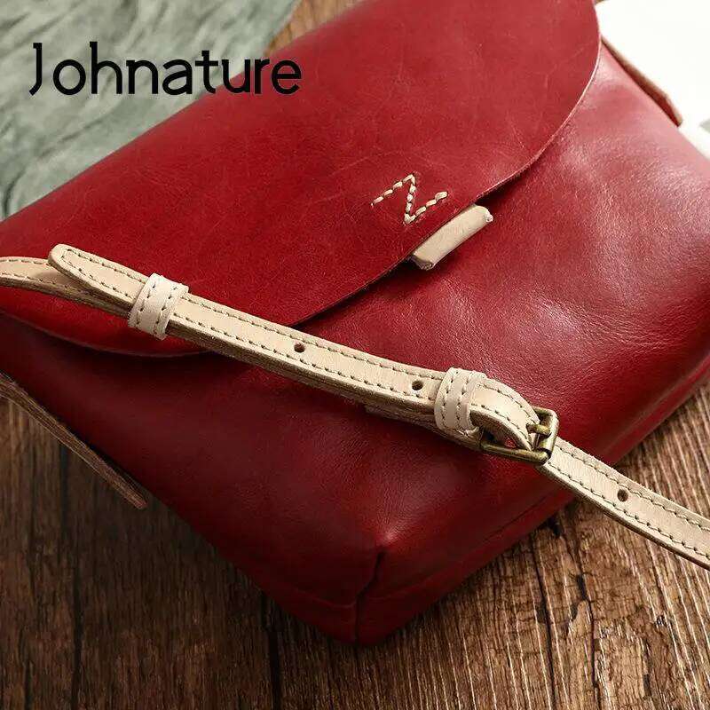 Johnature Simple Natural Soft Cowhide Women Bag 2025 New Vintage Genuine Leather Handmade Solid Color Shoulder & Crossbody Bags