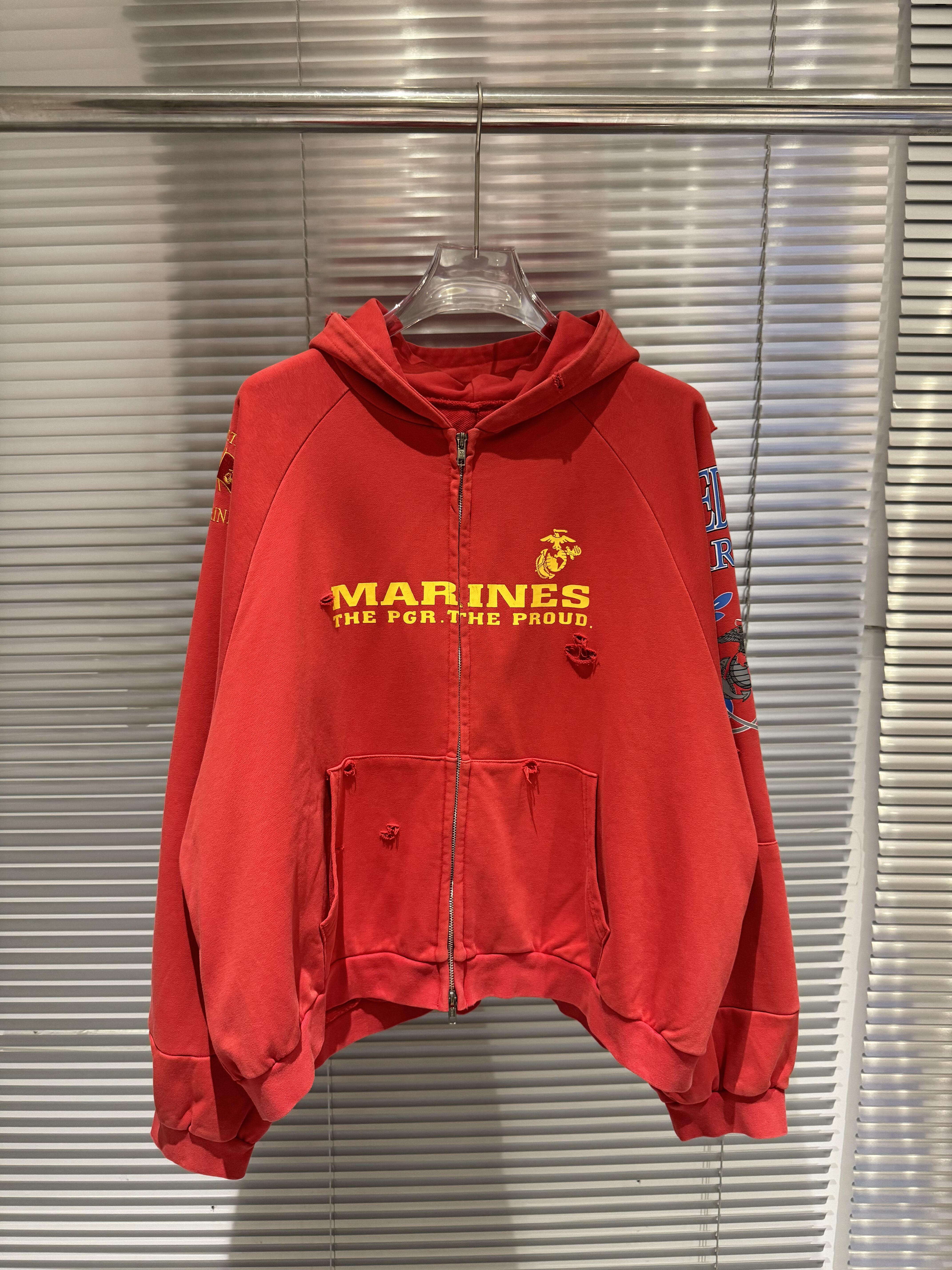 Red Hooded Jackets For Men Women Loose Worn Out Zip Up Hoodies Streetwear Cotton Sweatshirt