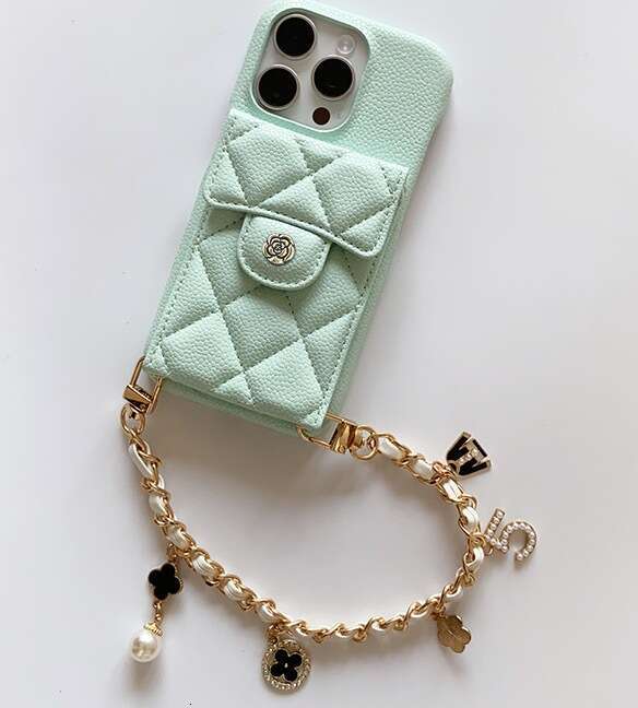 Luxury New iPhone 16 Pro Max Case Lychee Pattern Card Slot Handheld Chanel Style 14/15 Makeup Mirror