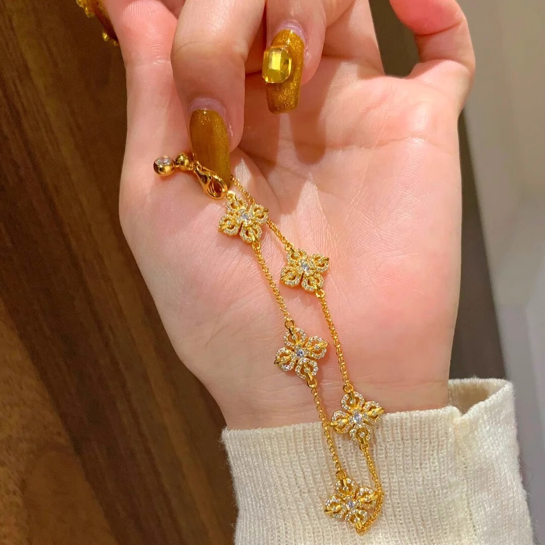 2025 Gold Cross Zircon Dia Chain Five Flower Bracelet for Women Niche Design New Chinese Style Bangle Jewelry