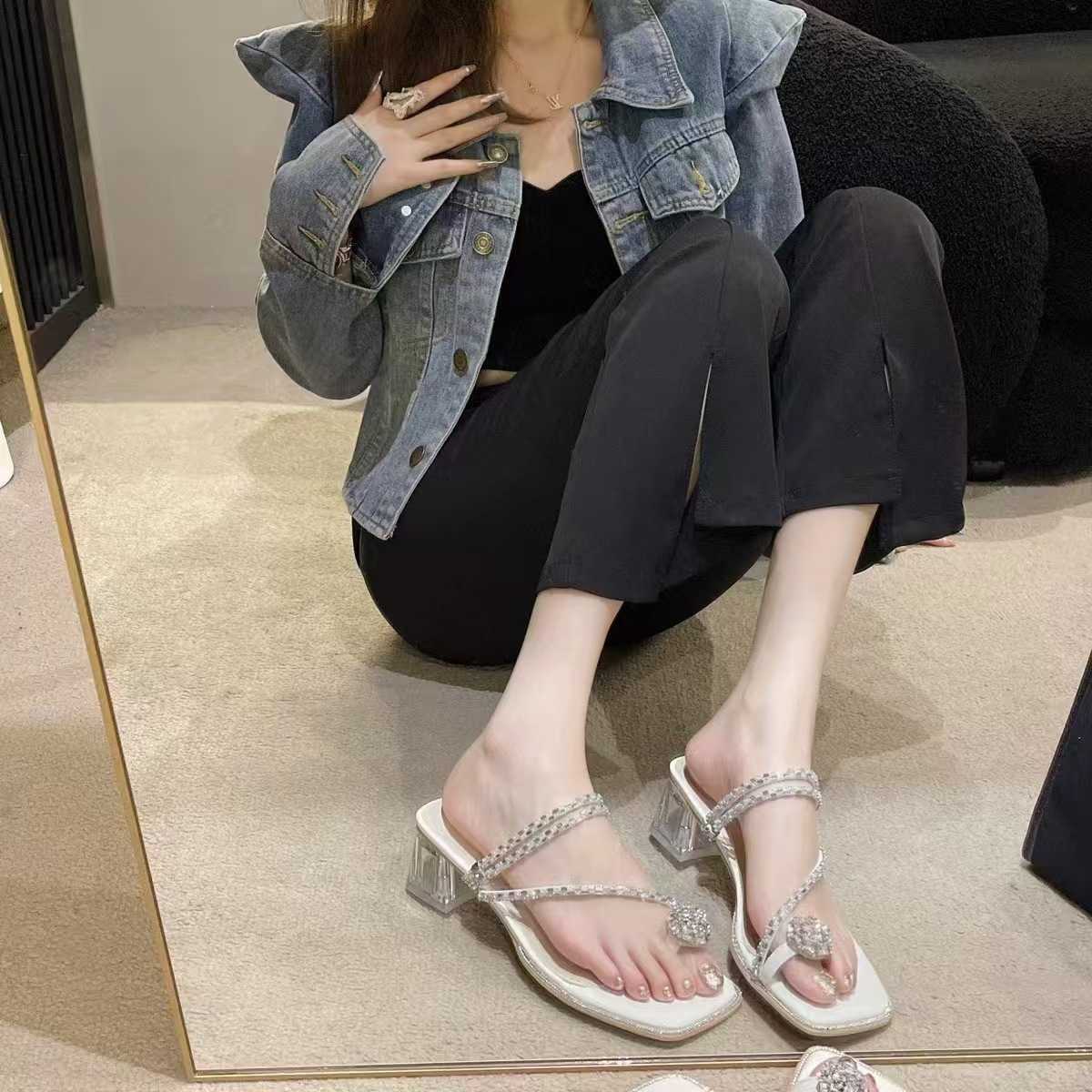 Women's platform sandals 2025 summer new style open-toe stiletto heel water droplet embellished square toe transparent thick heel outerwear style